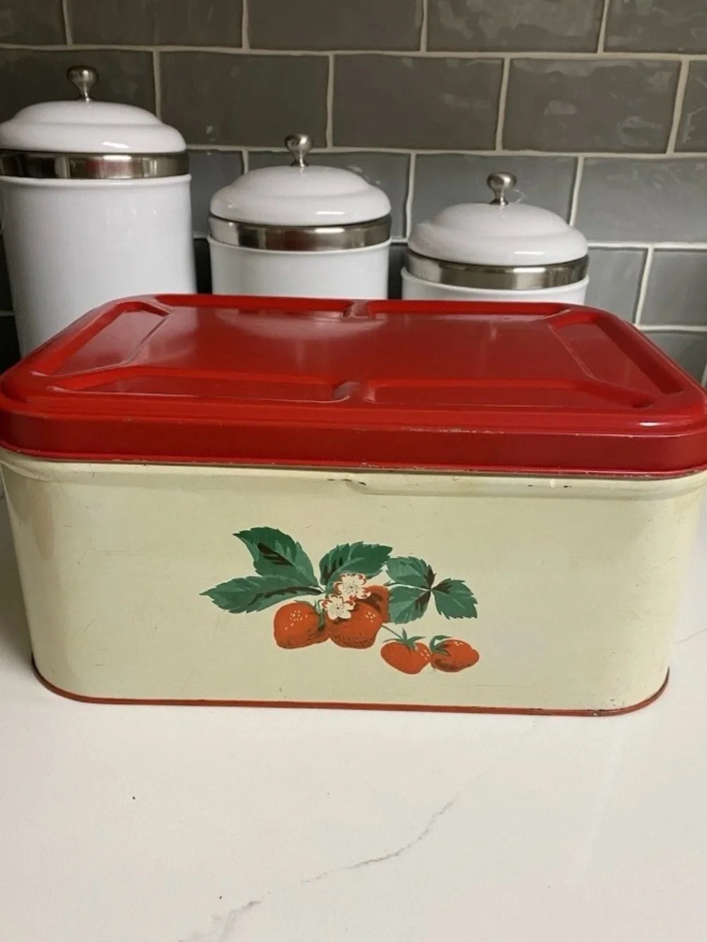 Vintage Strawberry Shabby Chic Hinged Red Metal Bread Box & Canister Set